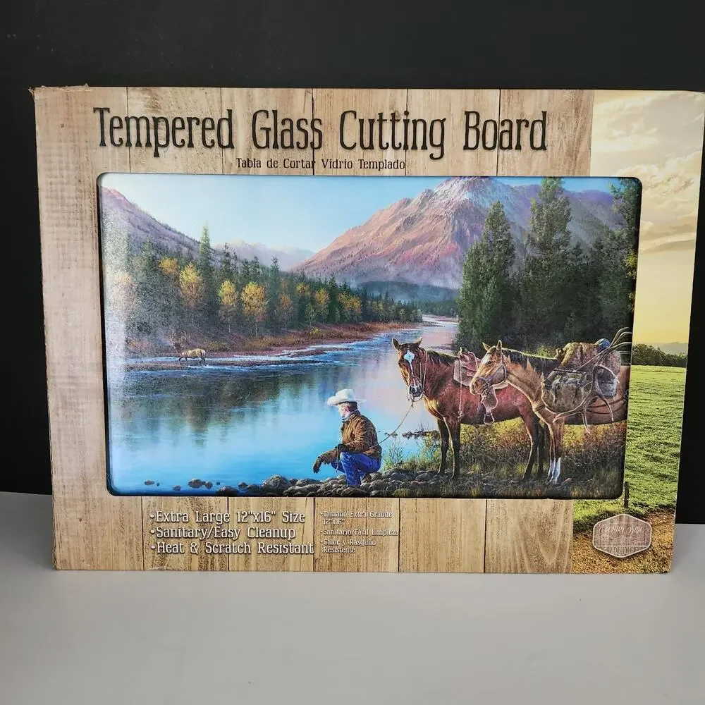 NEW Cowboy & Horses at Stream Tempered Glass Cutting Board 12x16